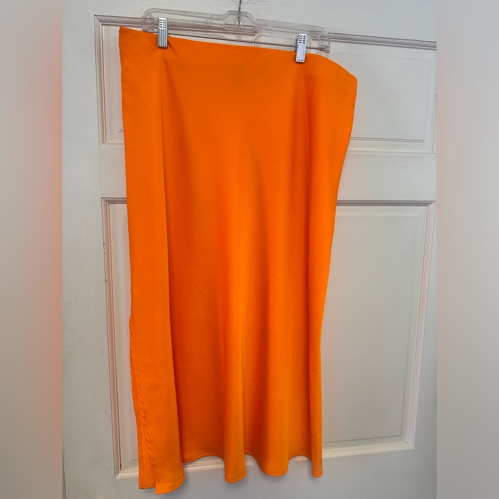 a new day Orange Satin Midi Skirt - XL Elastic Waist with Slit